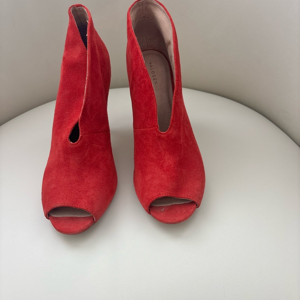 Halogen Red Suede Peep Toe Heels